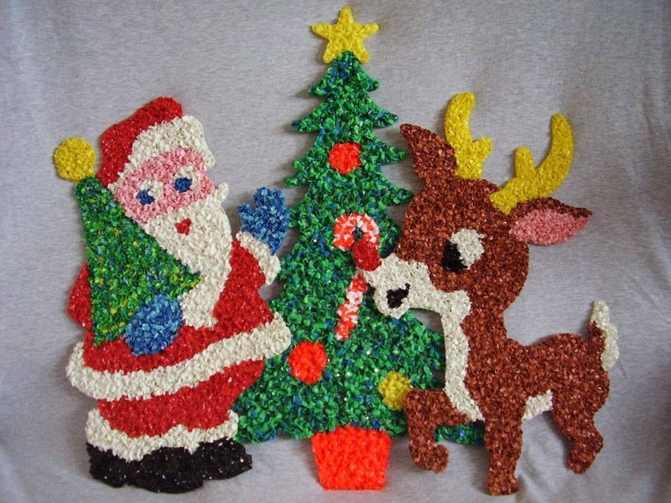 Popcorn Plastic Glitter Plaque Christmas ornaments.  1950s Retro Antique Holiday Decorations.