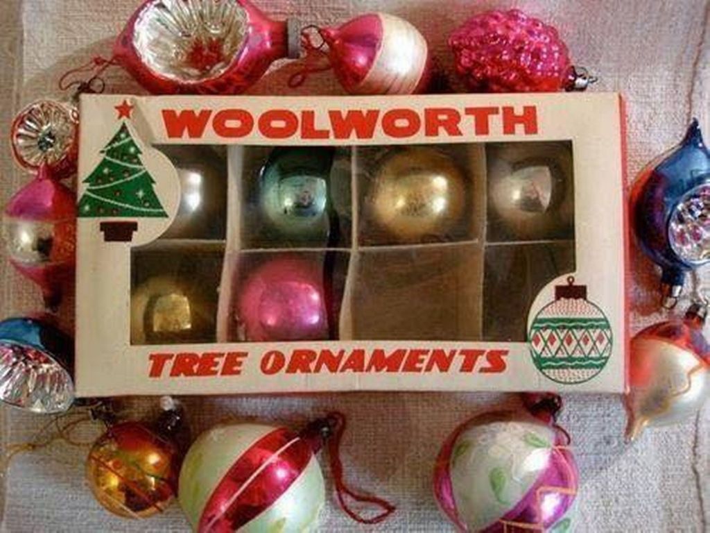Woolworth Shiny bright Christmas ornaments.  1950s Retro Antique Holiday Decorations.