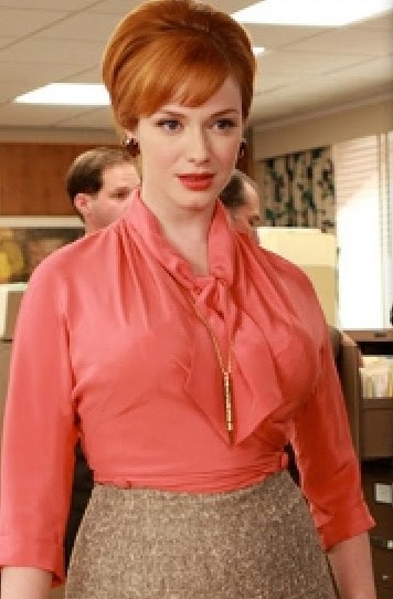 Joan from mad men wearing a 1960s pussy bow blouse mid century modern fashion